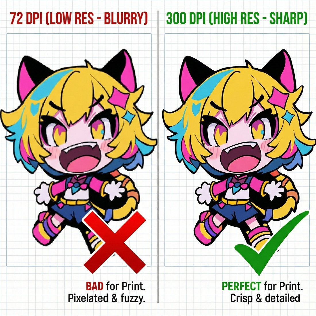 CustomWLD anime merchandise collection on a wooden desk. Featuring a large custom acrylic standee, holographic keychains, and die-cut stickers of a chibi anime girl with yellow hair and cat ears. Professional artist workspace setup