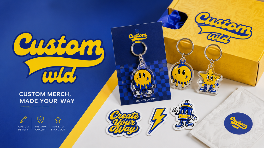 Custom acrylic keychains and stickers for brand merchandise by CustomWLD