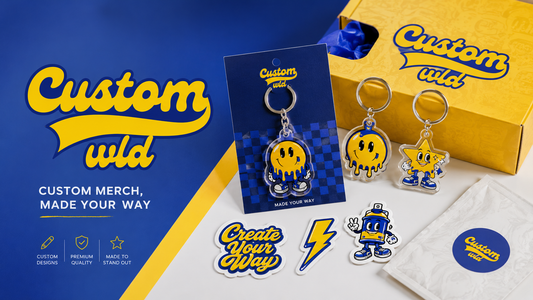 Custom acrylic keychains and stickers for brand merchandise by CustomWLD