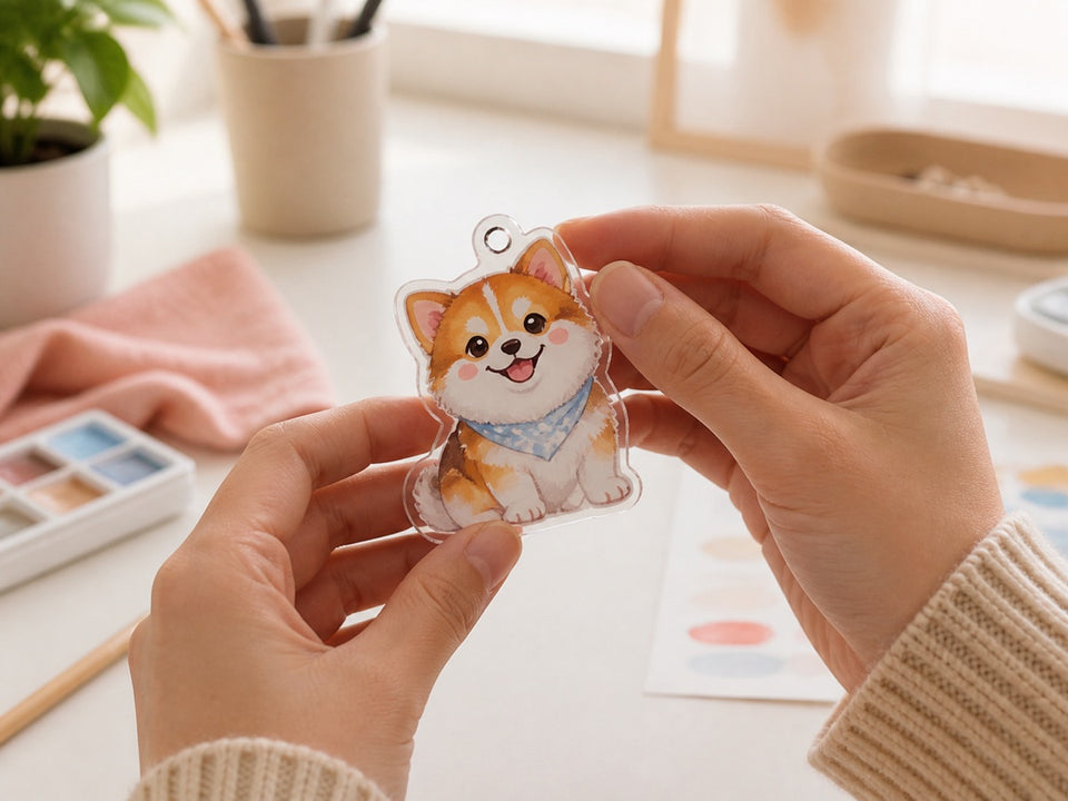 Finished custom acrylic charm held for approval
