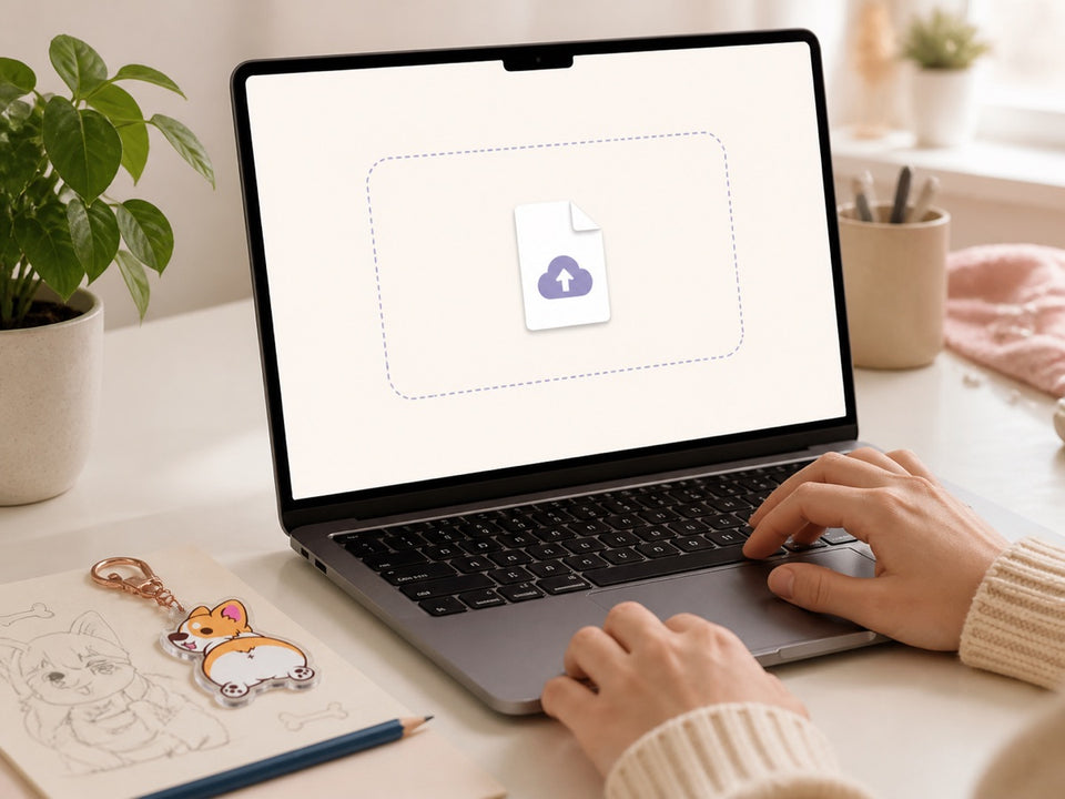 Artwork upload screen on a laptop beside a custom keychain