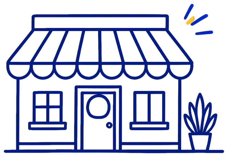 Illustrated storefront representing small business merchandise support